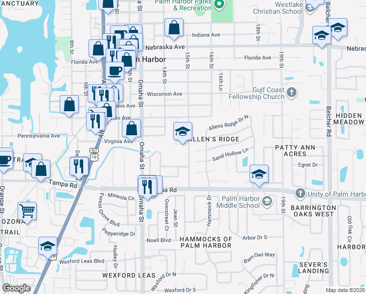 map of restaurants, bars, coffee shops, grocery stores, and more near 415 15th Street in Palm Harbor