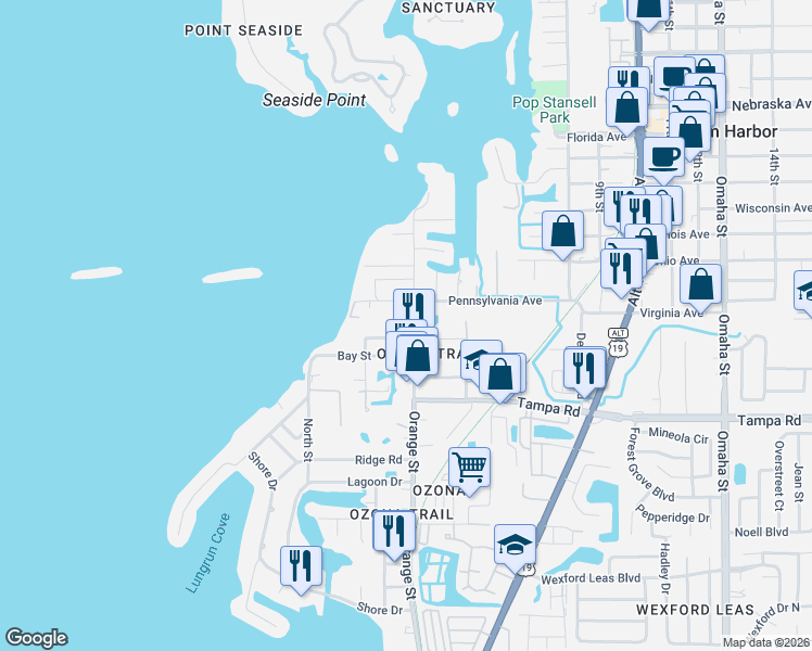 map of restaurants, bars, coffee shops, grocery stores, and more near 478 Orange Street in Palm Harbor