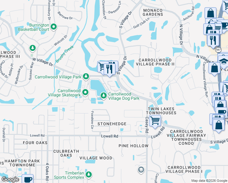 map of restaurants, bars, coffee shops, grocery stores, and more near 13608 South Village Drive in Tampa