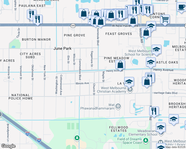 map of restaurants, bars, coffee shops, grocery stores, and more near 436 Church Street in West Melbourne