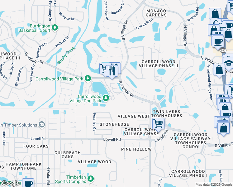 map of restaurants, bars, coffee shops, grocery stores, and more near 13608 South Village Drive in Tampa