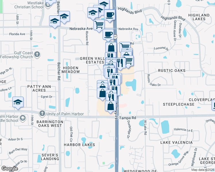 map of restaurants, bars, coffee shops, grocery stores, and more near 10 Green Valley Road in Palm Harbor