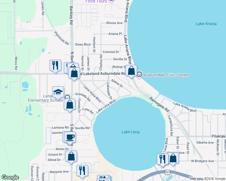 map of restaurants, bars, coffee shops, grocery stores, and more near 109 Palencia Road in Auburndale