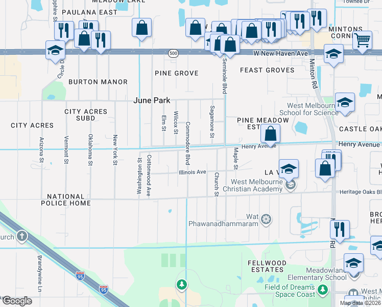 map of restaurants, bars, coffee shops, grocery stores, and more near 2353 Hazen Street in West Melbourne