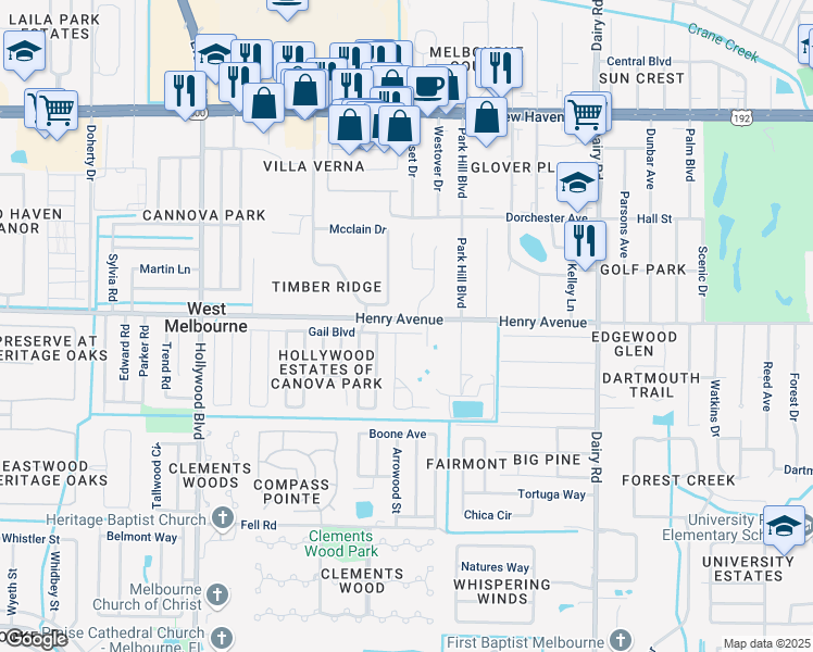 map of restaurants, bars, coffee shops, grocery stores, and more near 3902 Gail Boulevard in Melbourne