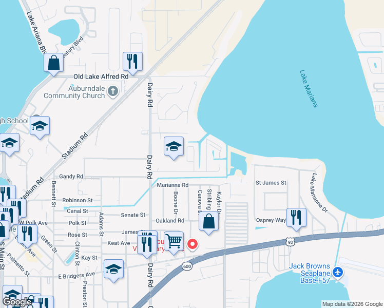 map of restaurants, bars, coffee shops, grocery stores, and more near 113 Jana Circle in Auburndale
