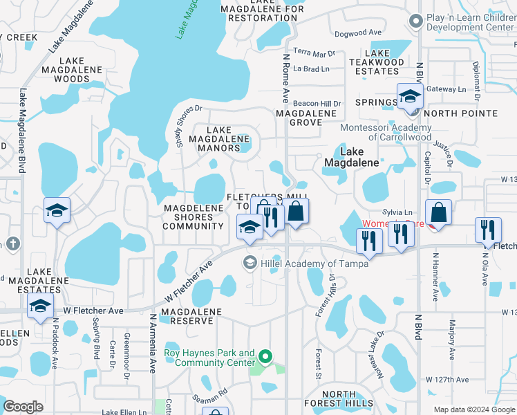 map of restaurants, bars, coffee shops, grocery stores, and more near 13828 Stone Mill Way in Tampa