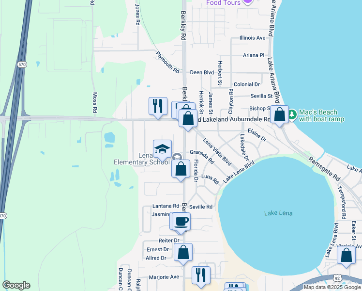 map of restaurants, bars, coffee shops, grocery stores, and more near 980 Berkley Road in Auburndale