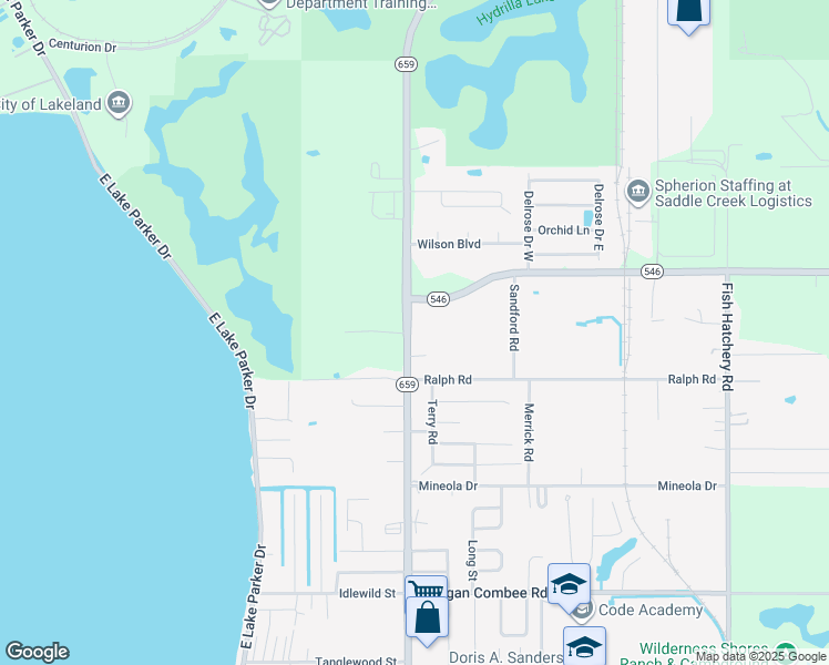 map of restaurants, bars, coffee shops, grocery stores, and more near 1925 North Combee Road in Lakeland