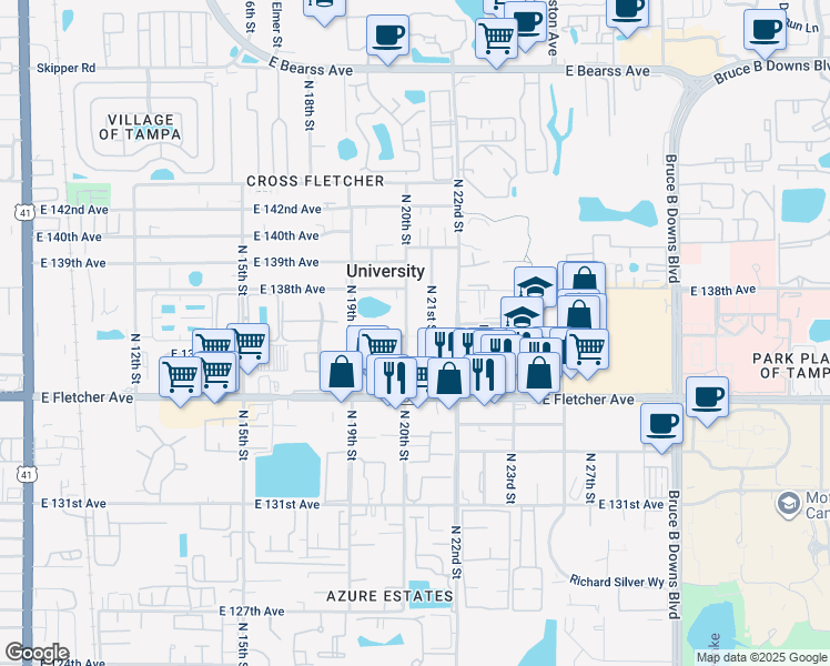 map of restaurants, bars, coffee shops, grocery stores, and more near 13612 North 21st Street in Tampa