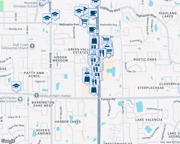 map of restaurants, bars, coffee shops, grocery stores, and more near 10 Green Valley Road in Palm Harbor