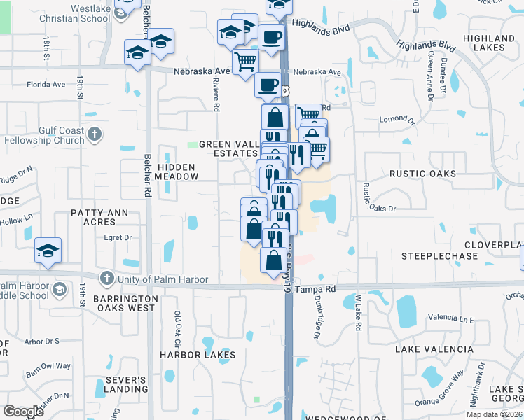 map of restaurants, bars, coffee shops, grocery stores, and more near 10 Green Valley Road in Palm Harbor