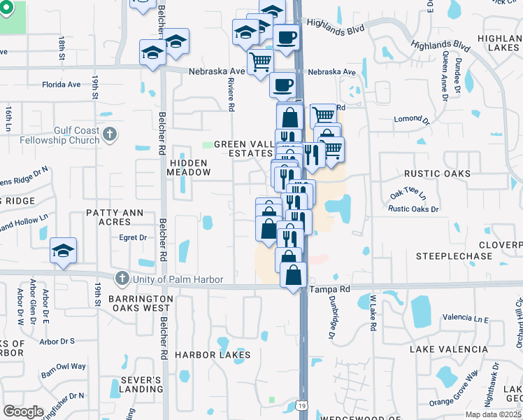 map of restaurants, bars, coffee shops, grocery stores, and more near 609 Green Valley Road in Palm Harbor