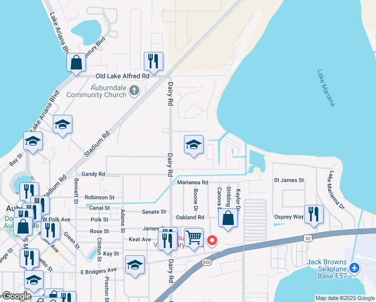 map of restaurants, bars, coffee shops, grocery stores, and more near 141 Dairy Road in Auburndale
