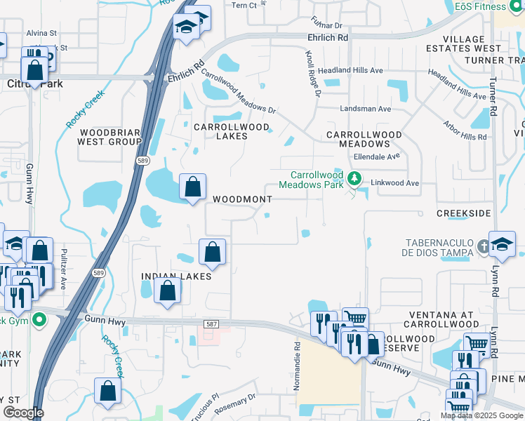 map of restaurants, bars, coffee shops, grocery stores, and more near 5506 Pine Bay Drive in Tampa