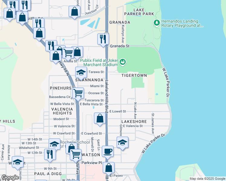 map of restaurants, bars, coffee shops, grocery stores, and more near in Lakeland