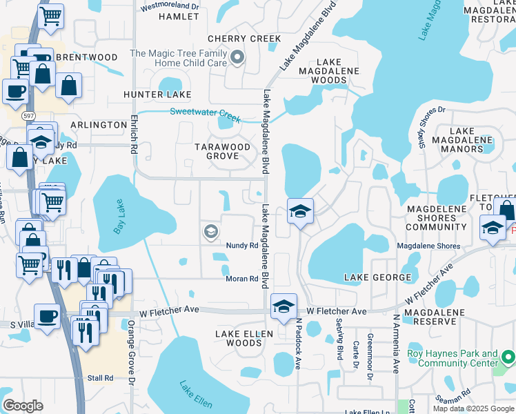map of restaurants, bars, coffee shops, grocery stores, and more near 3106 Valley Oaks Drive in Tampa
