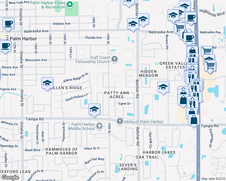 map of restaurants, bars, coffee shops, grocery stores, and more near 345 Laughing Gull Lane in Palm Harbor