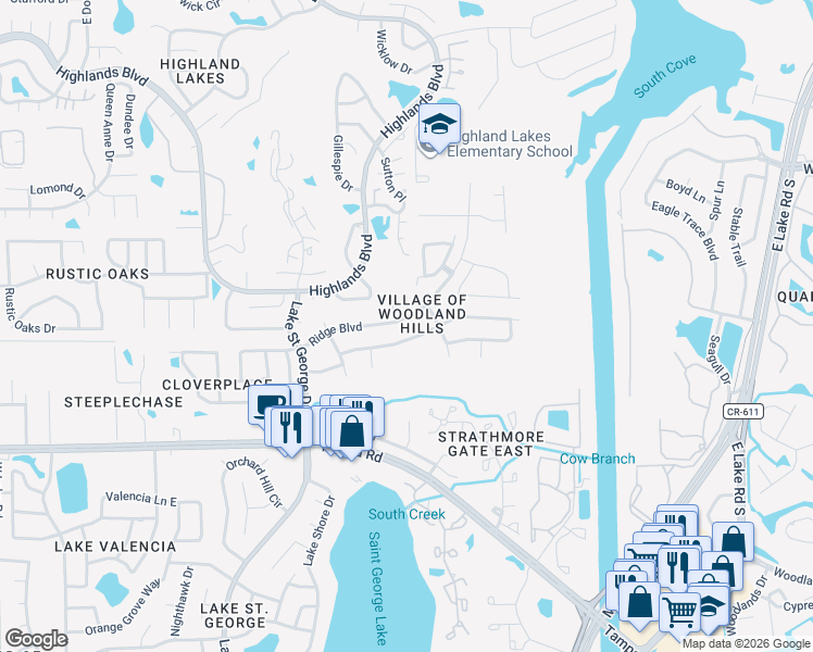 map of restaurants, bars, coffee shops, grocery stores, and more near 3475 Rolling Trail in Palm Harbor