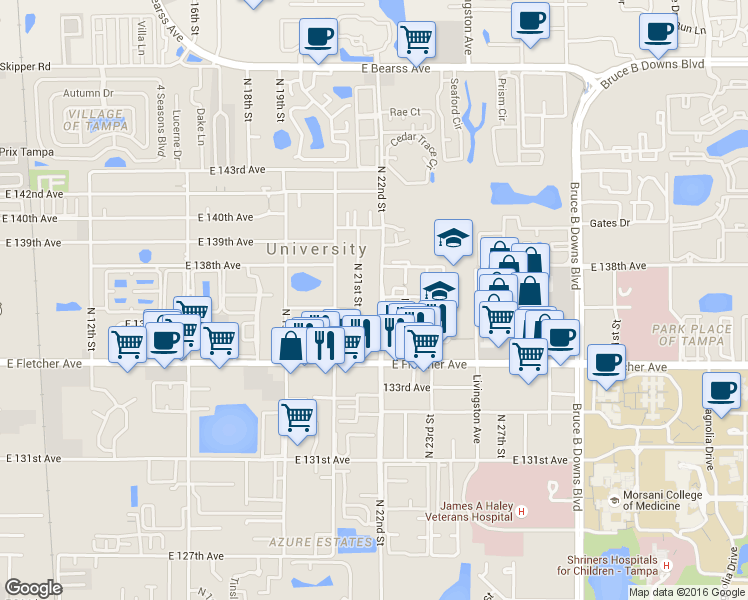 map of restaurants, bars, coffee shops, grocery stores, and more near 13612 North 21st Street in Tampa