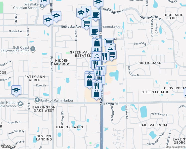 map of restaurants, bars, coffee shops, grocery stores, and more near 10 Green Valley Road in Palm Harbor