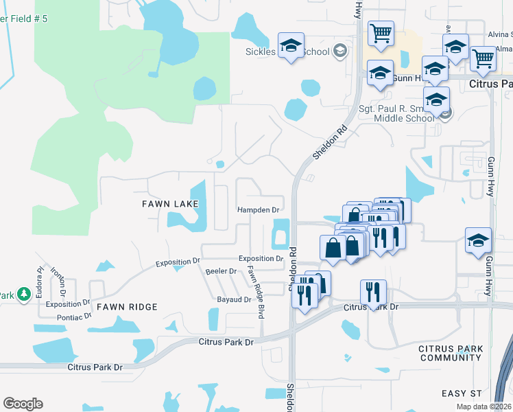 map of restaurants, bars, coffee shops, grocery stores, and more near 8755 Hampden Drive in Tampa