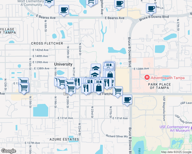map of restaurants, bars, coffee shops, grocery stores, and more near 13615 North 22nd Street in Tampa