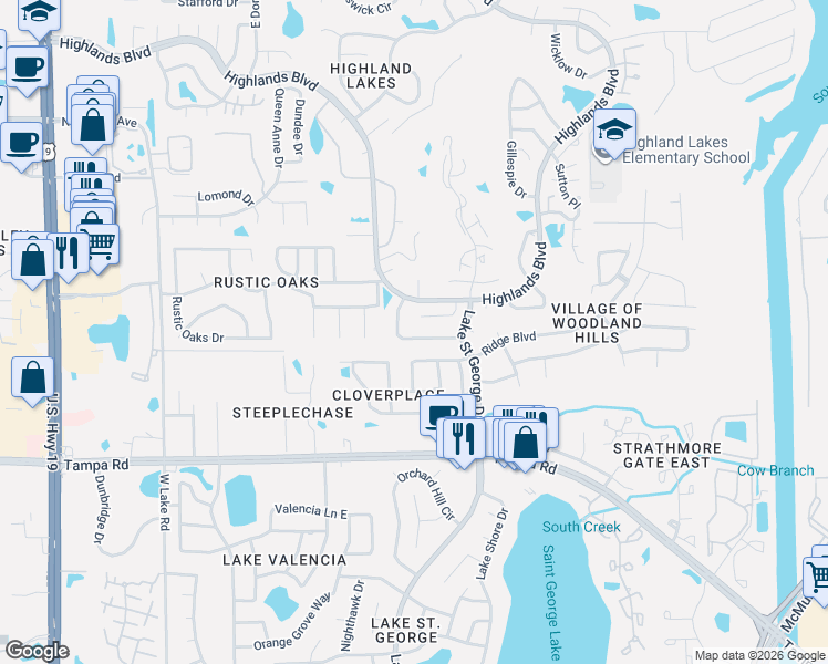 map of restaurants, bars, coffee shops, grocery stores, and more near 3267 Hibiscus Drive in Palm Harbor