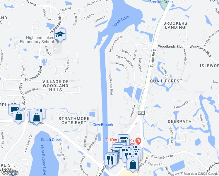 map of restaurants, bars, coffee shops, grocery stores, and more near 1630 Lago Vista Boulevard in Palm Harbor