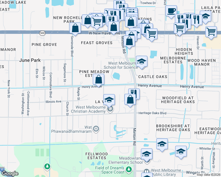 map of restaurants, bars, coffee shops, grocery stores, and more near 440 La Veta Drive in Melbourne
