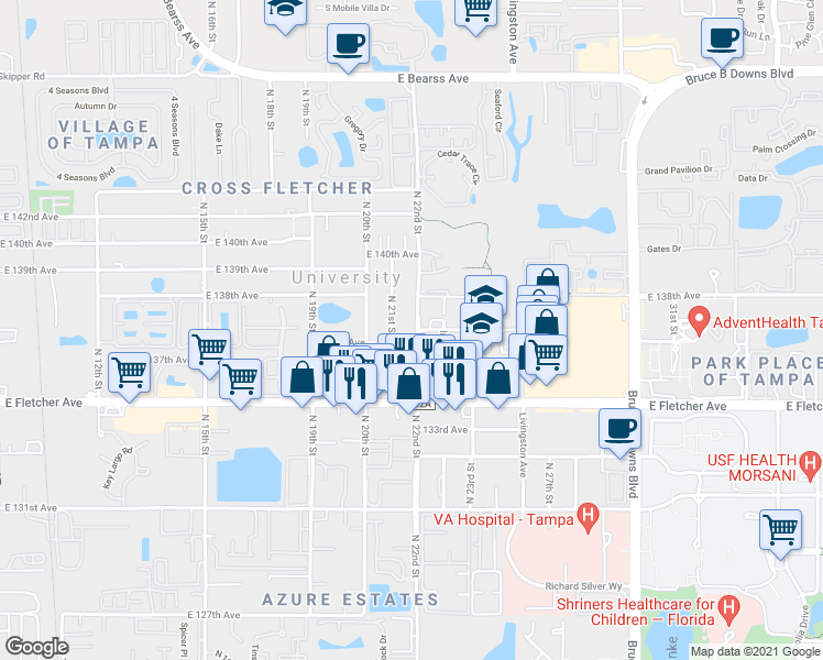 map of restaurants, bars, coffee shops, grocery stores, and more near 13612 North 21st Street in Tampa