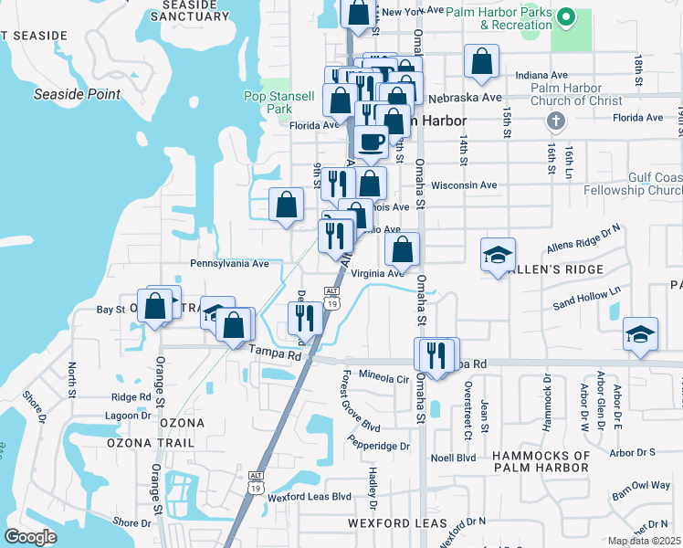 map of restaurants, bars, coffee shops, grocery stores, and more near in Palm Harbor