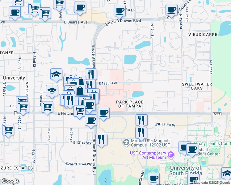 map of restaurants, bars, coffee shops, grocery stores, and more near 3100 East Fletcher Avenue in Tampa
