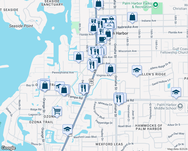 map of restaurants, bars, coffee shops, grocery stores, and more near 312 Alt 19 in Palm Harbor