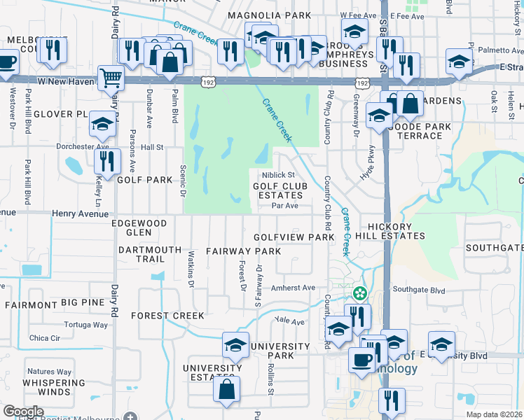 map of restaurants, bars, coffee shops, grocery stores, and more near 501 Edgewood Drive in Melbourne