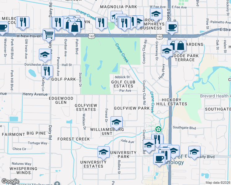 map of restaurants, bars, coffee shops, grocery stores, and more near 2415 South Fairway Drive in Melbourne