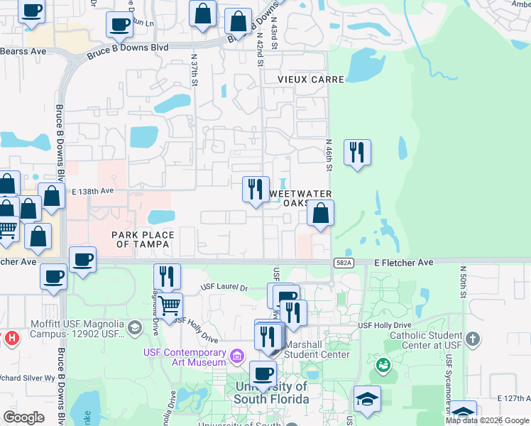 map of restaurants, bars, coffee shops, grocery stores, and more near 13702 North 42nd Street in Tampa