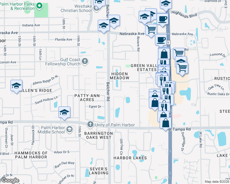 map of restaurants, bars, coffee shops, grocery stores, and more near 156 Garland Circle in Palm Harbor