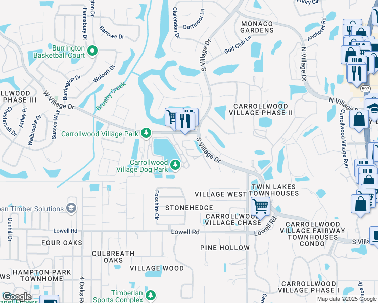 map of restaurants, bars, coffee shops, grocery stores, and more near 13610 South Village Drive in Tampa