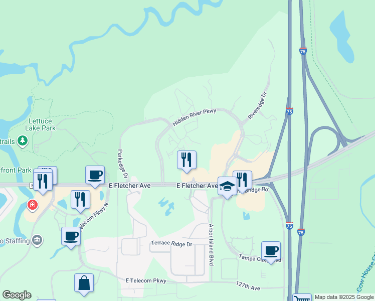 map of restaurants, bars, coffee shops, grocery stores, and more near 13901 River Willow Place in Tampa