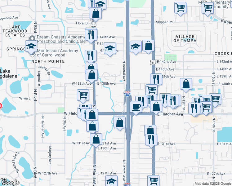 map of restaurants, bars, coffee shops, grocery stores, and more near 317 East 138th Avenue in Tampa