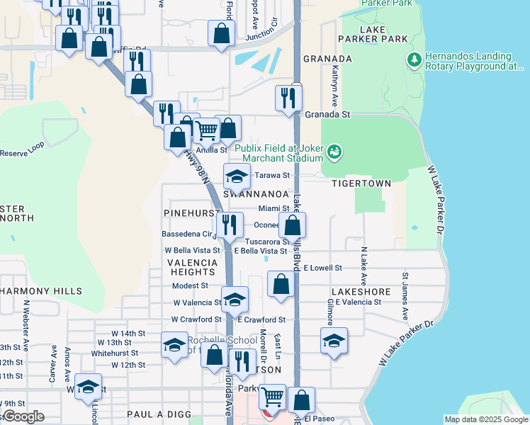 map of restaurants, bars, coffee shops, grocery stores, and more near 231 Miami Street in Lakeland