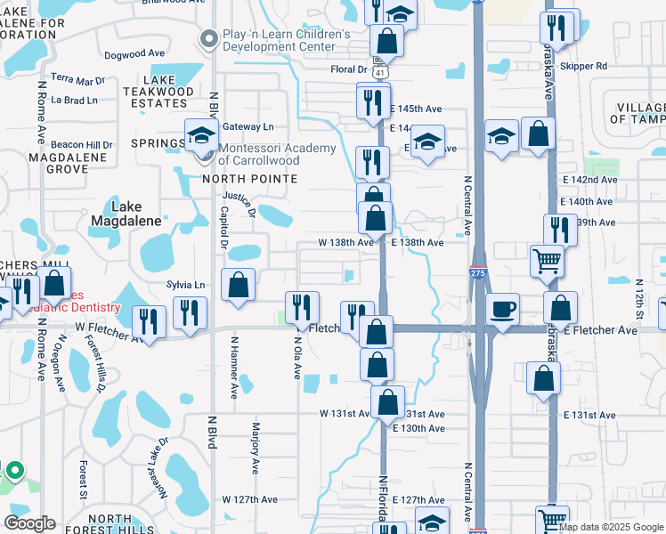 map of restaurants, bars, coffee shops, grocery stores, and more near 121 Tyrone Boulevard in Tampa