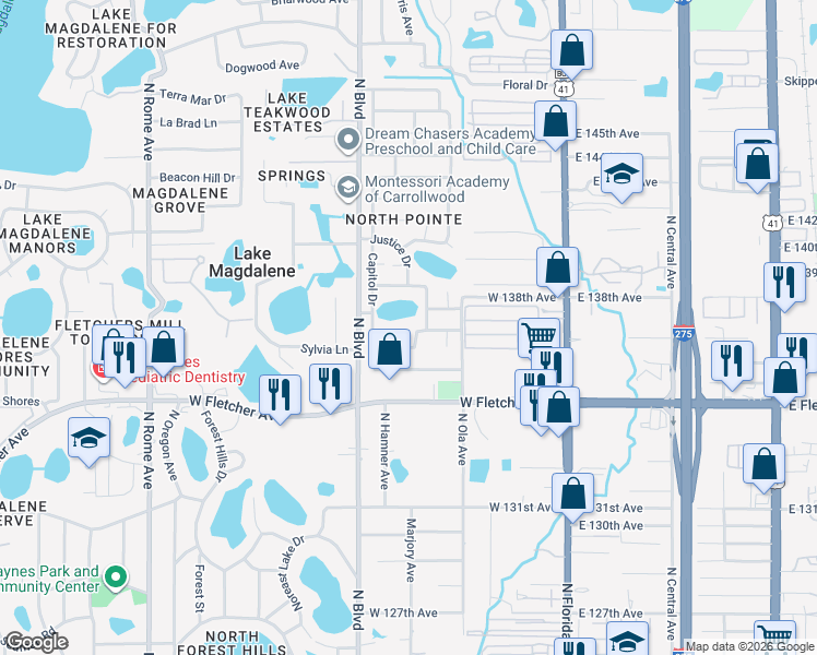 map of restaurants, bars, coffee shops, grocery stores, and more near 506 Constitution Drive in Tampa