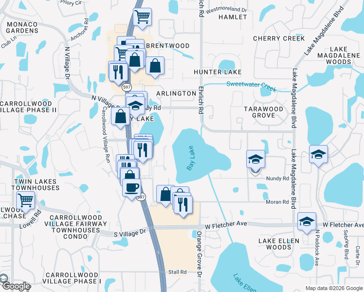 map of restaurants, bars, coffee shops, grocery stores, and more near 13537 Bay Lake Lane in Tampa