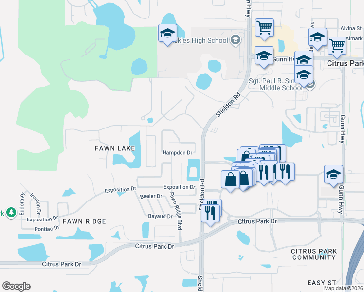 map of restaurants, bars, coffee shops, grocery stores, and more near 8716 Hampden Drive in Tampa