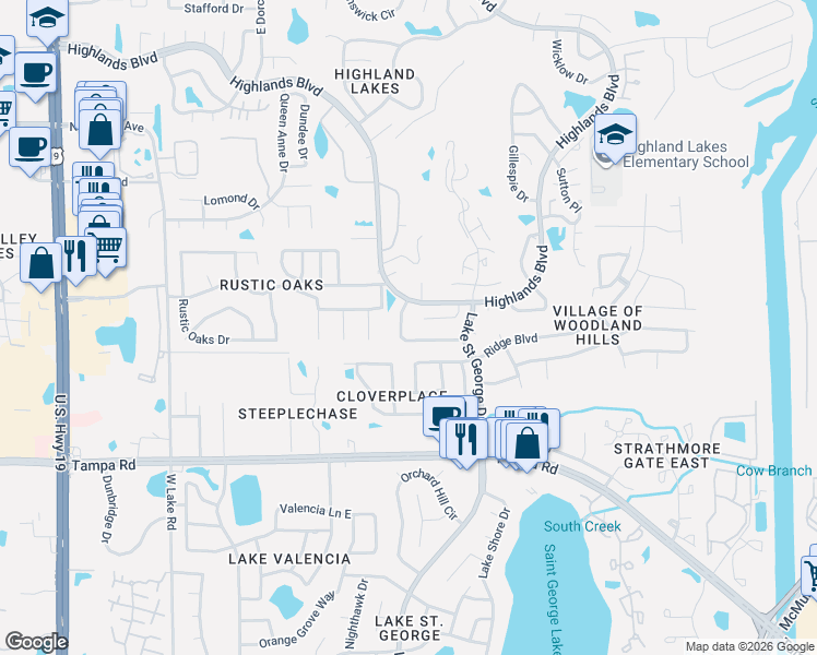 map of restaurants, bars, coffee shops, grocery stores, and more near 3275 Gorse Court in Palm Harbor