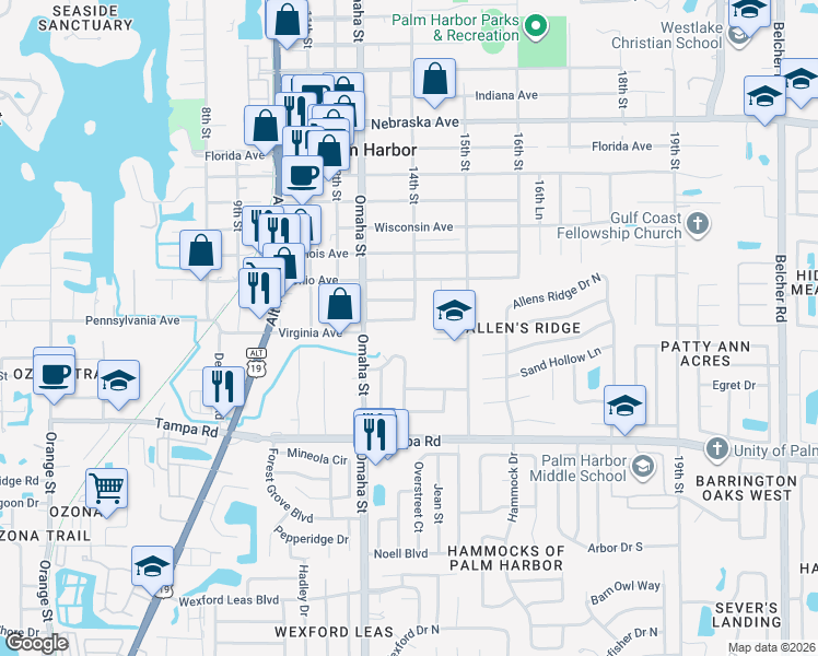 map of restaurants, bars, coffee shops, grocery stores, and more near 1334 Alaska Avenue in Palm Harbor