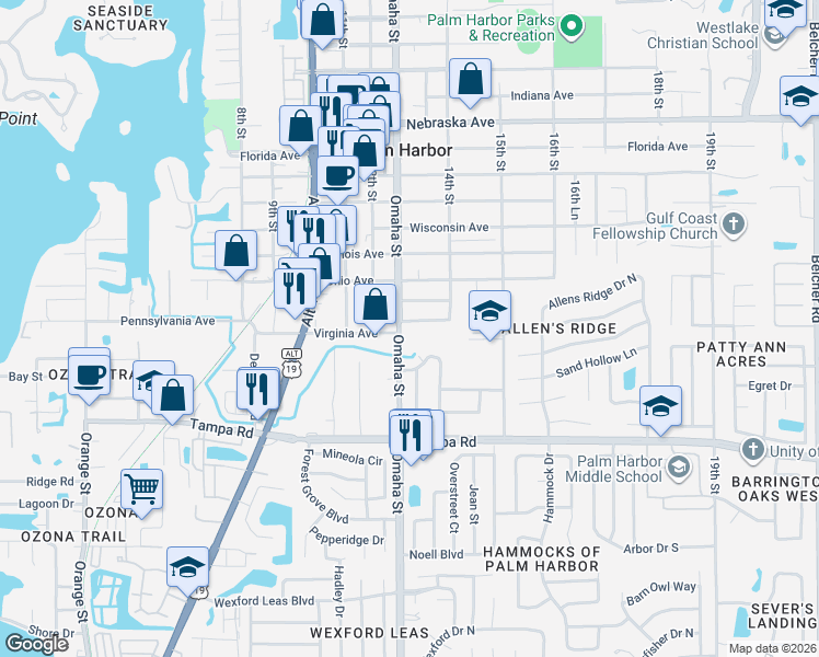 map of restaurants, bars, coffee shops, grocery stores, and more near 517 Island Court in Palm Harbor