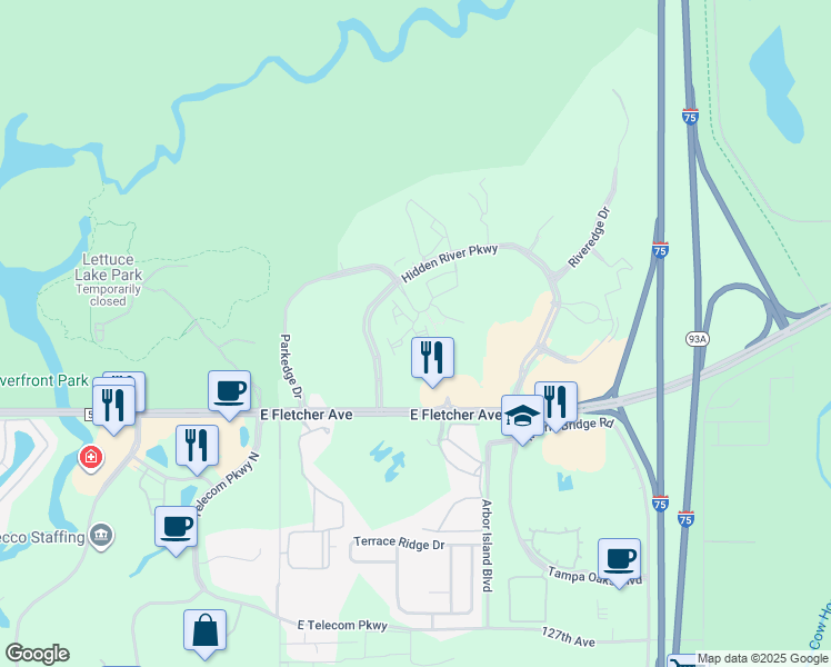 map of restaurants, bars, coffee shops, grocery stores, and more near River Fish Court in Tampa